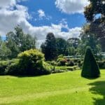 Manicured park lawn woodland tranquil lodge setting