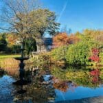 Tranquil pond with autumn trees and a black fountain