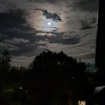 A bright full moon illuminating the night sky over a serene and luxurious holiday home garden