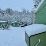 Snow-covered cabins and trees.