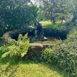 A small stone fountain surrounded by plants and greenery